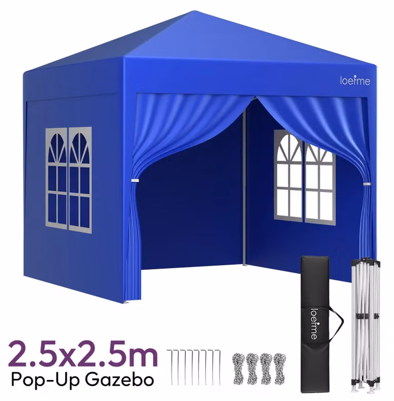 Paviglione pop-up, design impermeabile, pareti laterali removibili, blu, con 4 pareti, dimensioni 2,5m x 2,5m