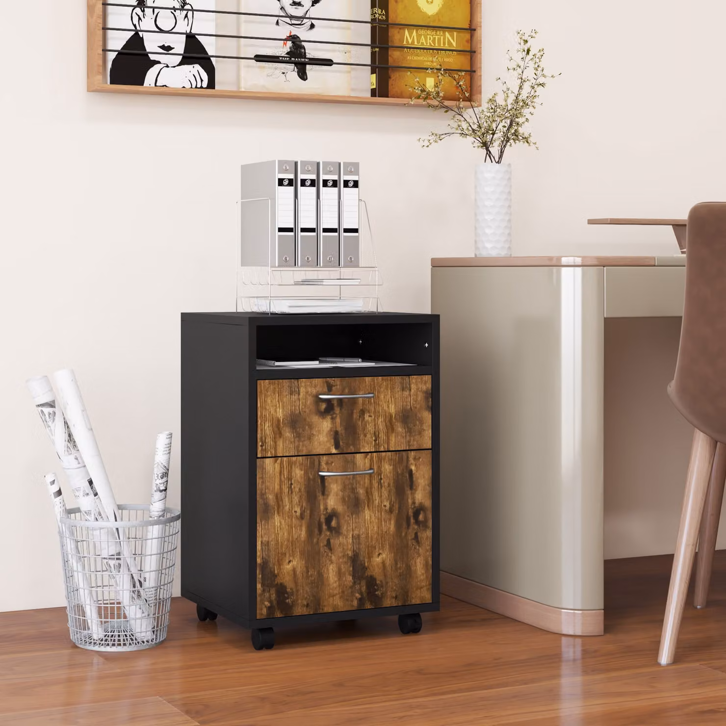 Cassettiera Portadocumenti HOMCOM con Cassetti e Ripiani, Marrone e Nero, L 40 cm x P 35 cm x H 60 cm – 2