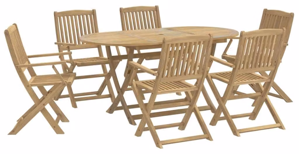 Set da giardino composto da 7 pezzi, in legno di acacia color legno chiaro, realizzato in legno massello, con sedie confortevoli, adatto per 6 persone, pieghevole