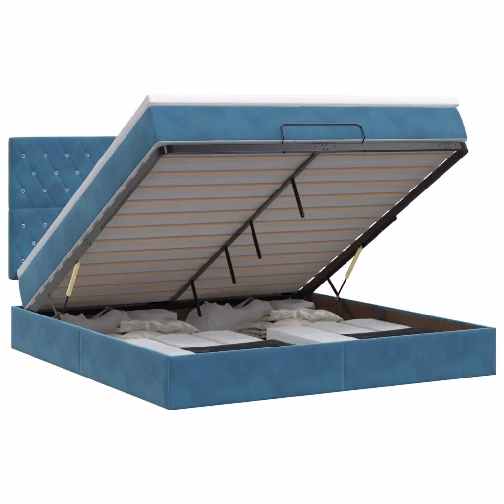 Letto ottomano moderno vidaXL in velluto blu e bianco con base a sollevamento e materasso, L/P/H: 190 x 140 x 88 cm – 2