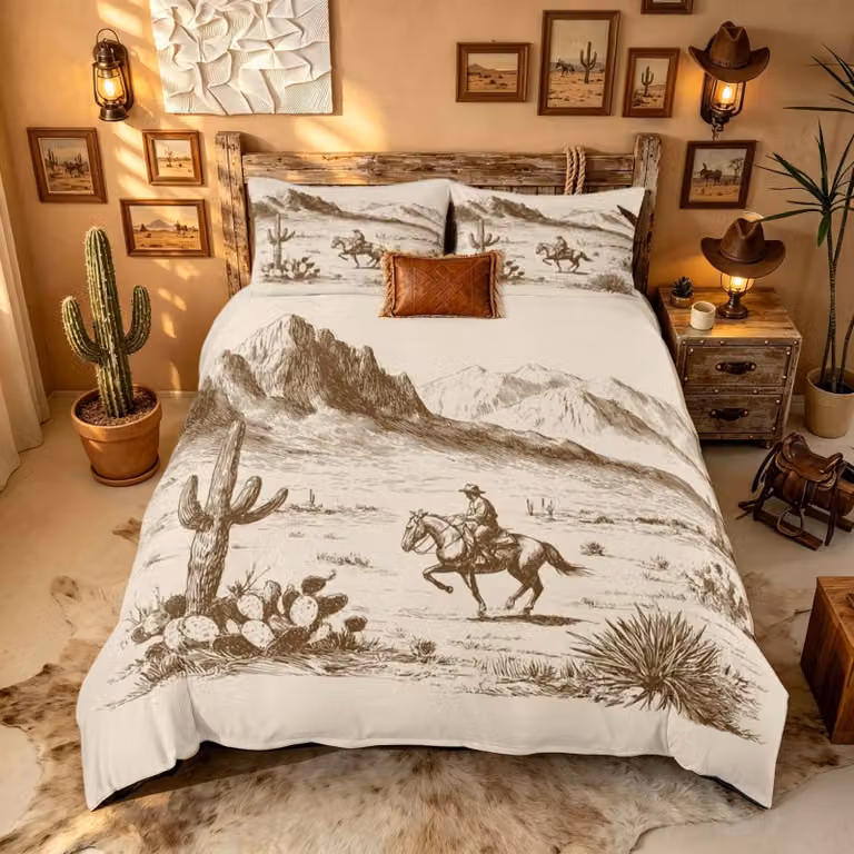 Set di lenzuola e copripiumino in stile cowboy vintage - 2 pezzi - Marrone terra