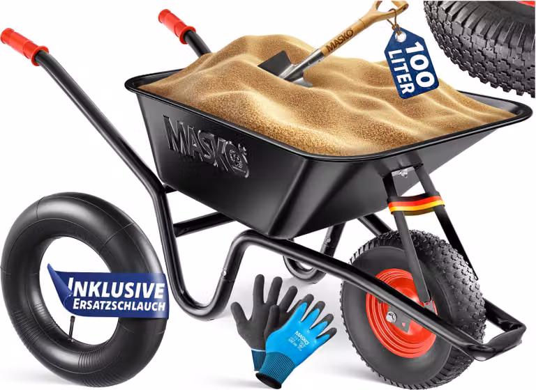 MASKO® Carriola da costruzione Carriola da giardino 100 litri fino a 250 kg Pneumatici con cerchio in acciaio zincato Telaio in acciaio Carriola da giardino Carriola da trasporto Carriola da trasporto incl. guanti da lavoro