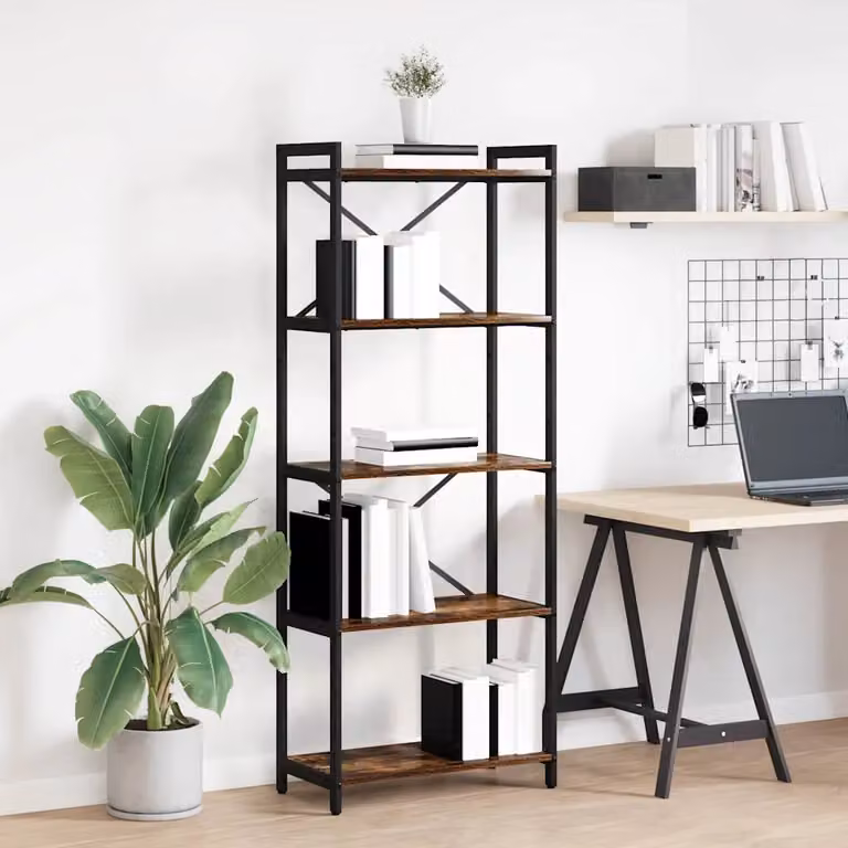 Libreria industrial vidaXL in legno MDF e metallo, colore marrone e nero, L 60 cm x P 30 cm x H 155 cm