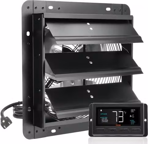 VEVOR Ventilatore di Scarico con Serranda Nero, 1500 m³/h, Motore EC con Regolatore di Temperatura e Umidità, Montaggio a Parete per Serre e Garage