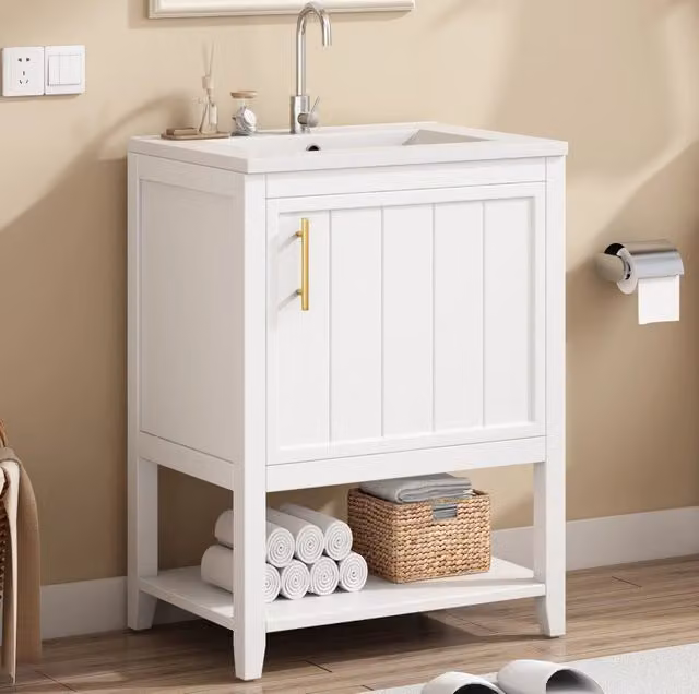 Mobile bagno bianco con lavabo in ceramica; ripiani interni; 61 × 47 × 87 cm