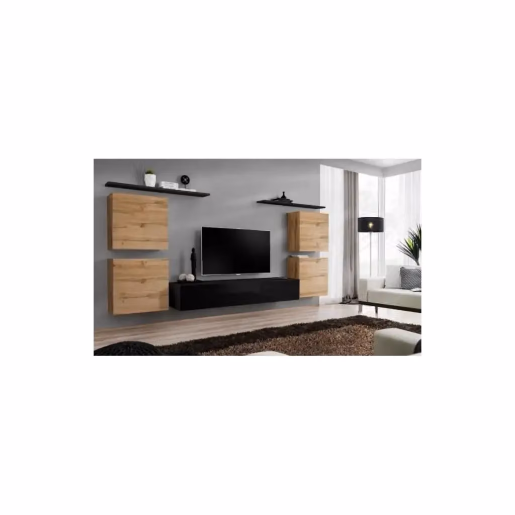 Composizione murale Meublorama SWITCH IV in nero lucido e quercia Wotan, mobile TV con blocchi sospesi e scaffali in stile industriale per il tuo soggiorno – 2