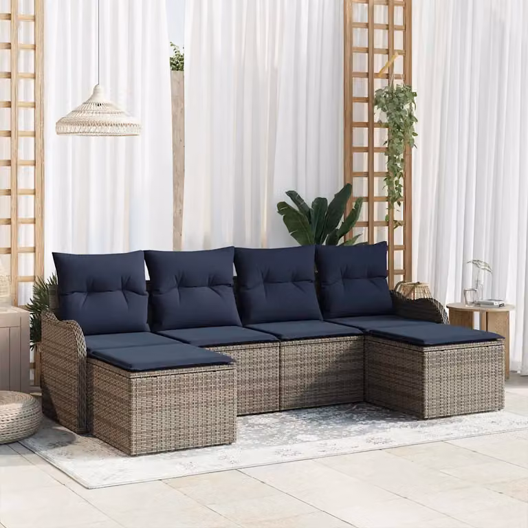 Set di divani da giardino vidaXL in polyrattan con cuscini inclusi, composizione a L con pouf, colore grigio e blu