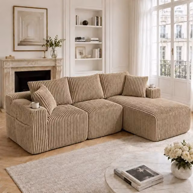 Divano modulare a L con chaise longue WISHDOR in velluto a coste beige, con 5 cuscini, portabicchieri e tasche laterali, L 257 x P 162 x H 91 cm