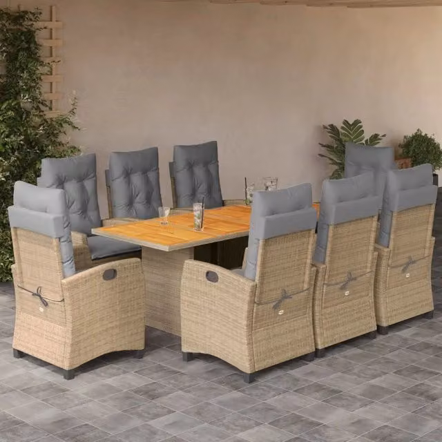 Set da pranzo da giardino vidaXL in polyrattan e legno di acacia con 9 pezzi e cuscini beige e grigi – 1