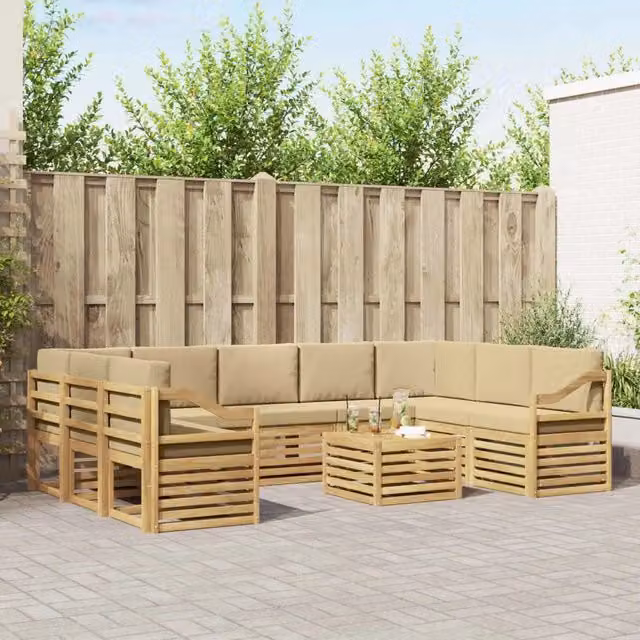 Set di divani da esterno a L vidaXL in legno di acacia con tavolo da caffè, colore bianco e beige, composto da 10 pezzi con cuscini inclusi – 1