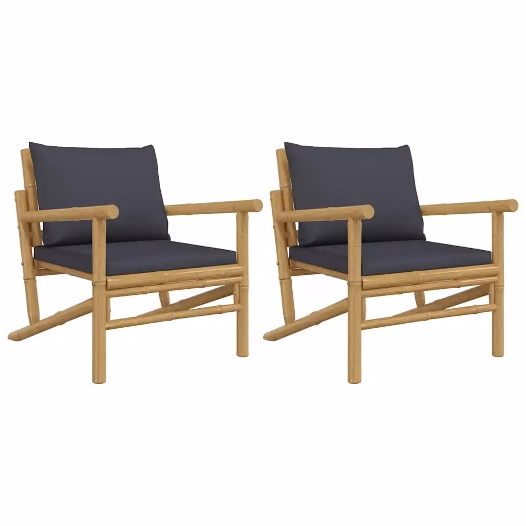 Set di 2 sedie da giardino in bambu con cuscini grigio scuro e braccioli – 2