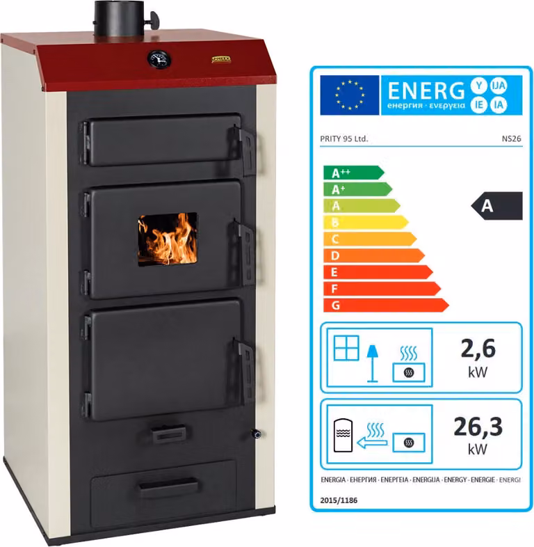 Stufa a legna idraulica Prity NS26 – 28,9 kW, con scambiatore di calore ad acqua, per riscaldamento centrale – Classe A