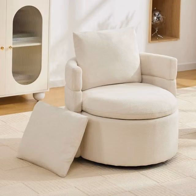 Poltrona girevole 72x66.5x76 cm con vano contenitore nascosto e rotazione a 360° in ciniglia avorio