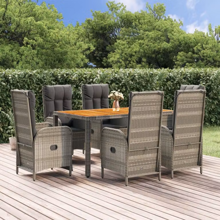 The Living Store Set da pranzo da giardino 7 pezzi con cuscini in poly rattan grigio