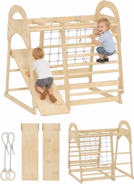 Casetta da gioco Minimal in legno naturale con scivolo, parete arrampicata e rete, colore beige, H x L x P: 140 x 90 x 90 cm