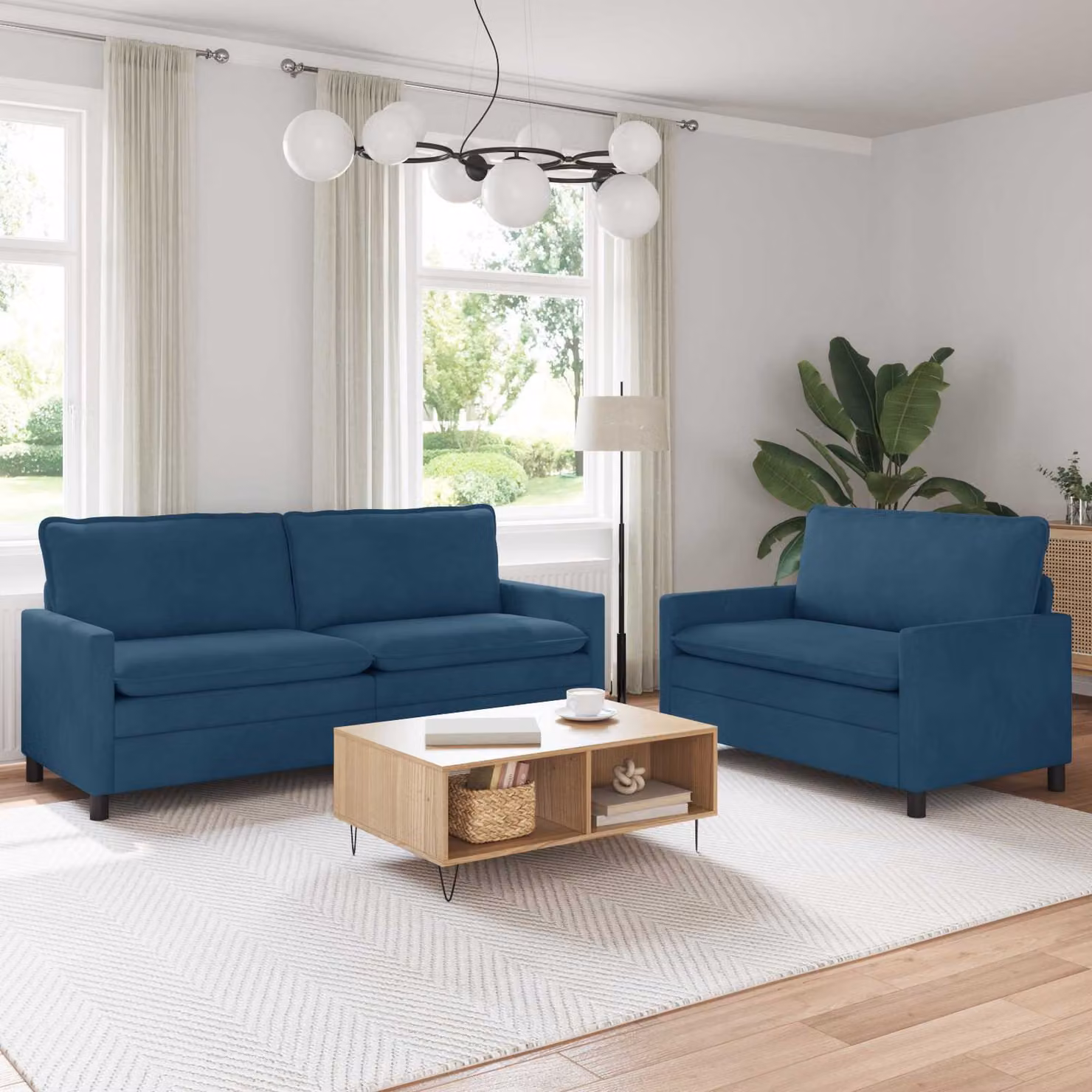 Set di 2 divani moderni vidaXL in velluto blu con cuscini e coperture rimovibili