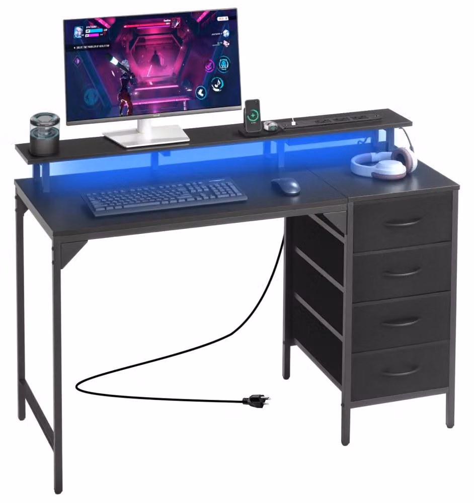 Scrivania da computer con illuminazione a LED - Nera - 120 x 50 cm - Acciaio e truciolato - Con cassetto