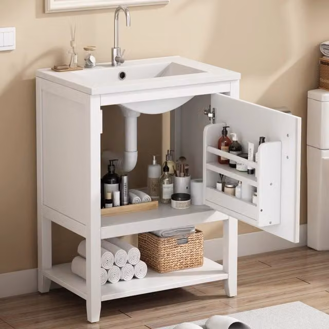 Mobile sottolavabo da bagno a pavimento con lavabo in ceramica, ripiani e piedini antiscivolo, in MDF, bianco, 60 cm