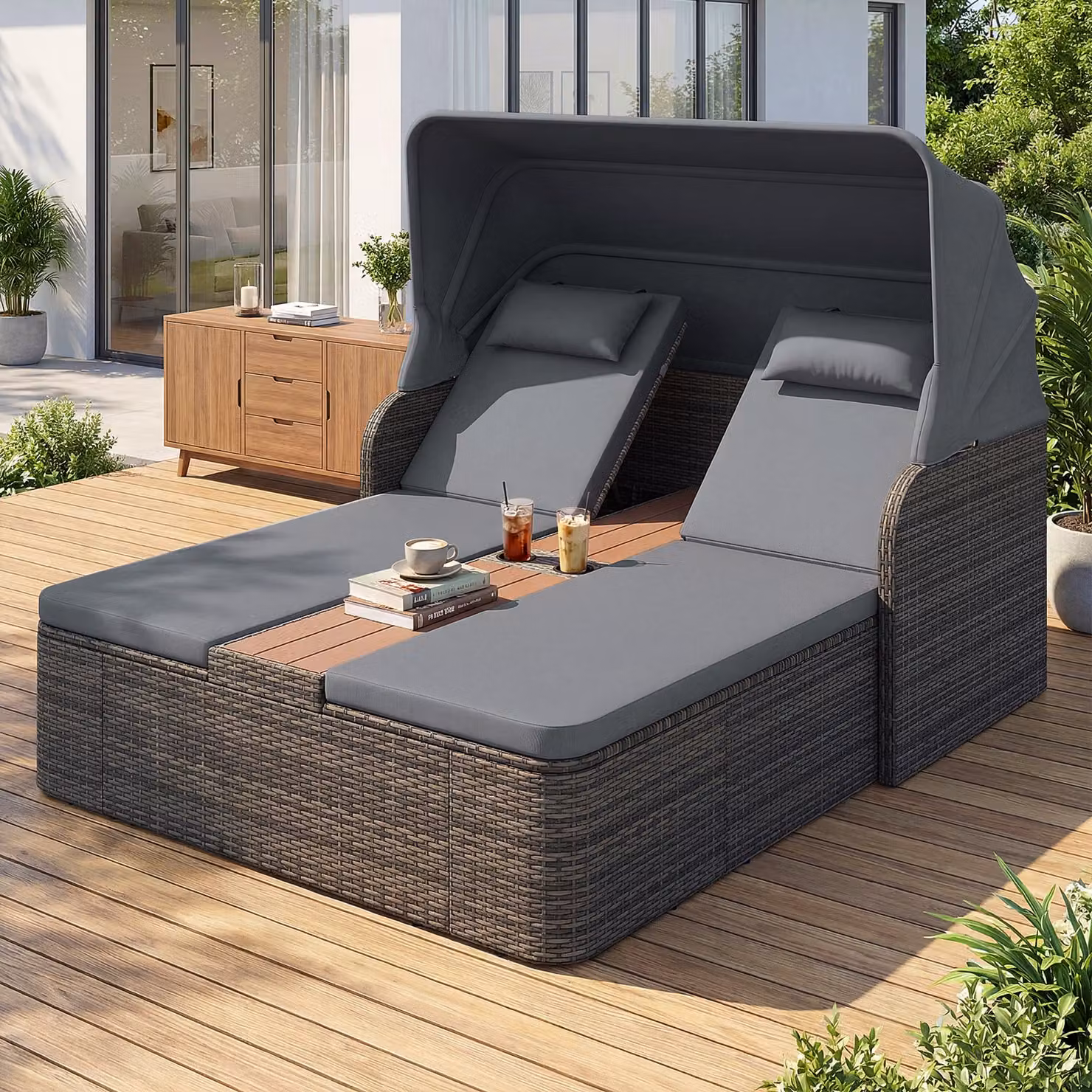 Letto matrimoniale da giardino Costway in rattan con tetto retrattile, schienali regolabili e portabicchieri, Grigio