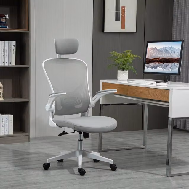 Sedia da ufficio ULEVR grigia 65x64x114-122 cm, ergonomica con poggiatesta regolabile, supporto lombare e braccioli sollevabili