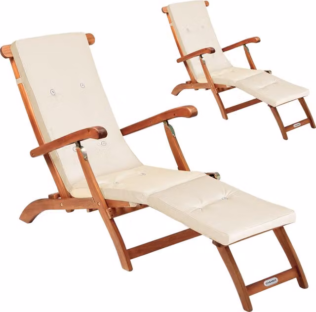 Set di 2 lettini da giardino Queen Mary Casaria in legno di acacia certificato FSC con cuscini color crema e poggiatesta regolabile – 1