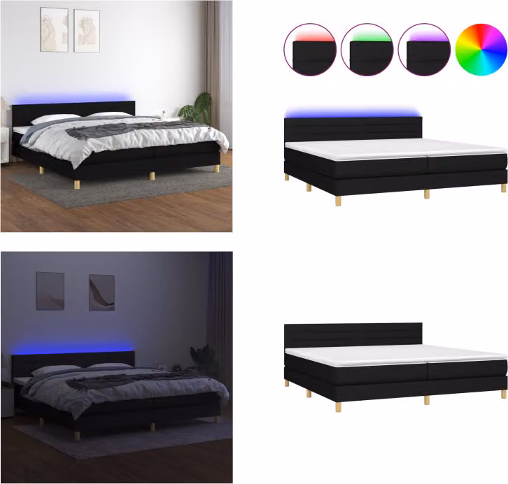 vidaXL Letto a molle con materasso e LED in tessuto nero 200x200 cm - Letto a molle - Boxspringbetten - Bett - Schlafzimmermöbel