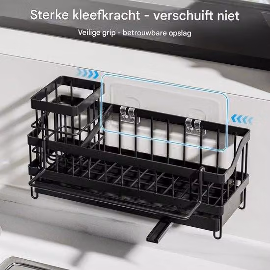 Portaoggetti per piccoli utensili - Organizer per il lavello - Organizer compatto per il lavello - Con griglia di sgocciolamento e portasciugamani - Mensola da parete per la cucina senza forature - Adatto per riporre spazzole e asciugamani - Nero