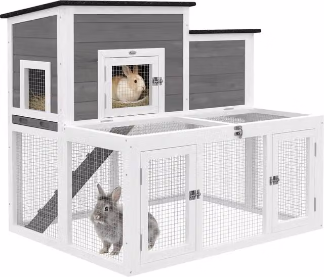 Gabbia per conigli in legno XYLO a 2 livelli con recinto grigio impermeabile