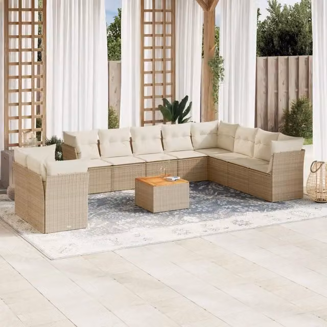 Set di Divani da Giardino VIDAXL in Polyrattan con Cuscini Beige, 11 Pezzi – 1