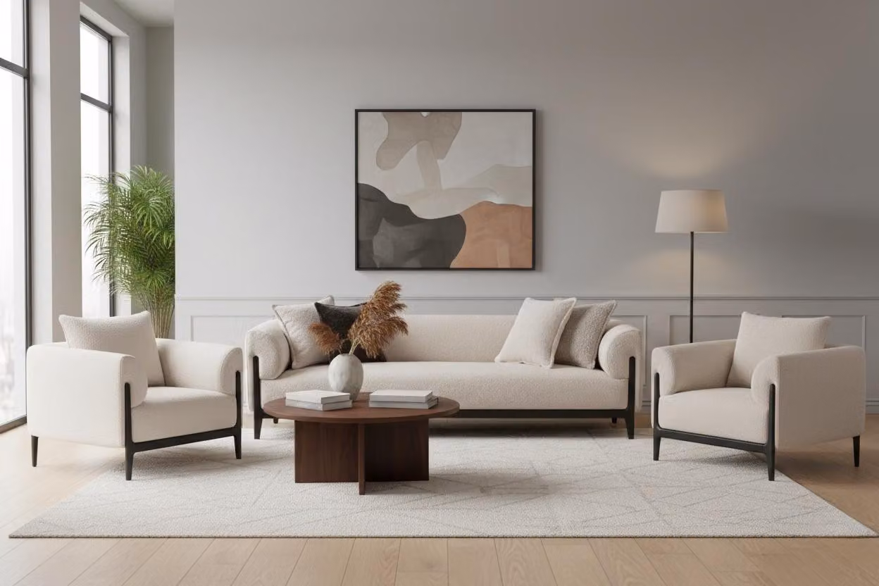Set divani beige 3+1+1 posti, mobili per soggiorno, set divani confortevole