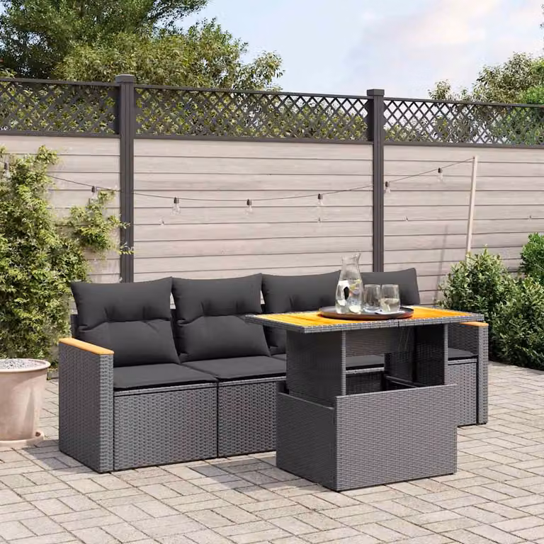 Set di Divani da Giardino vidaXL 5 Pezzi in Polyrattan Nero con Cuscini e Tavolino da Esterno