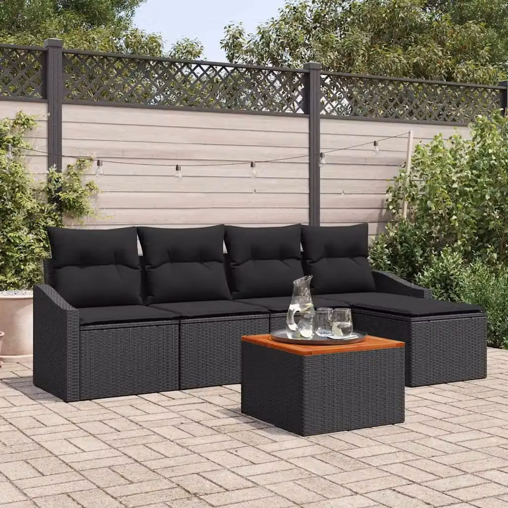 Set Divano da Giardino a L vidaXL 6 Pezzi Nero con Cuscini e Tavolino in Polyrattan e Metallo – 1