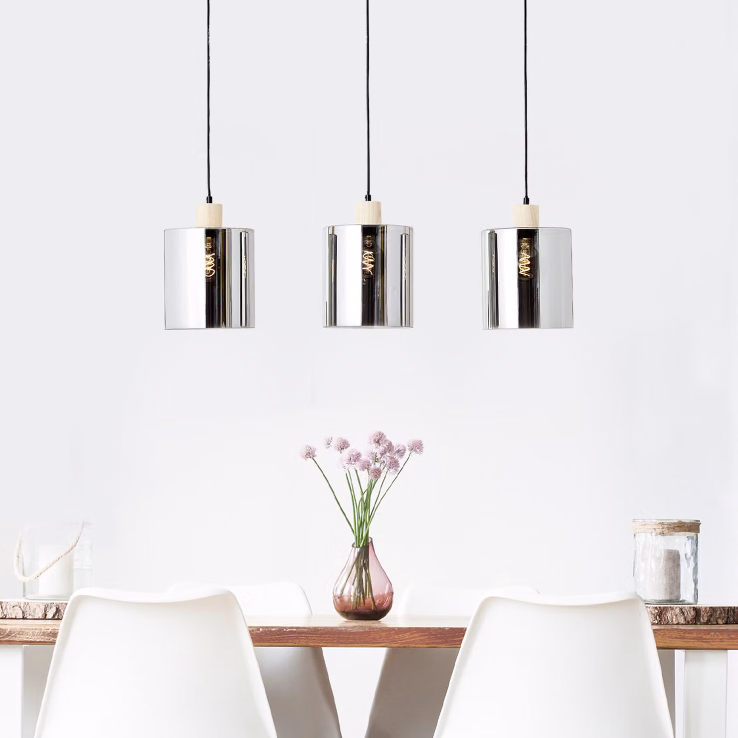 BRILLANTE lampada a sospensione in vetro fumé regolabile in altezza WEALD | 120 x 90 cm | 3 x E27 max. 40W | metallo, vetro, legno