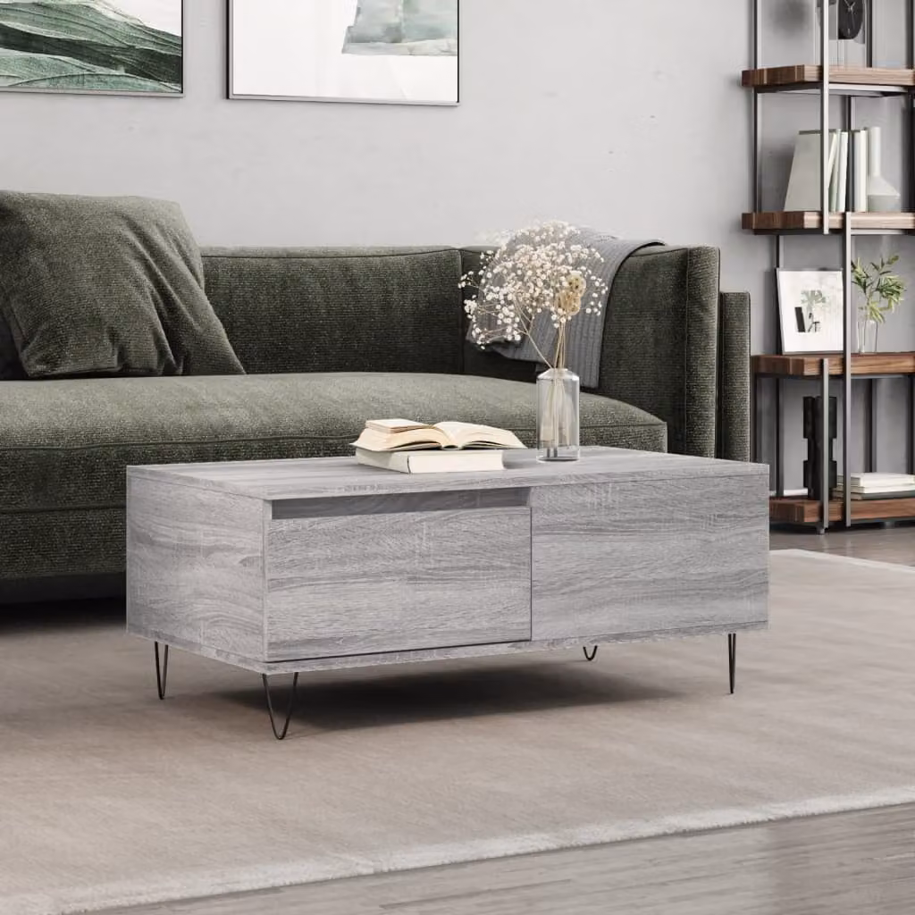 Tavolino da salotto moderno vidaXL in legno e metallo, colore grigio, L 90 cm x P 50 cm x H 36,5 cm