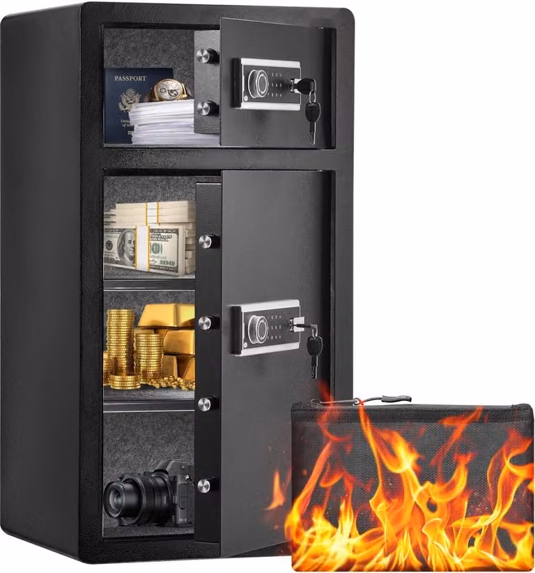 Cassaforte a doppia anta con serratura a chiave e password - Cassaforte per mobili 48x42x90cm - Acciaio massiccio nero - Doppio sistema di allarme - Divisorio regolabile in altezza - Design anti-spostamento