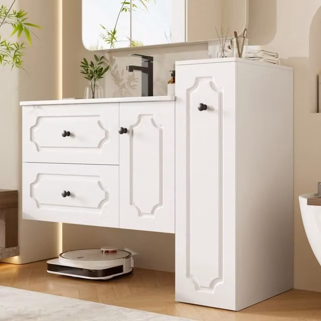 Desviae Mobile da bagno sospeso con lavabo in ceramica due cassetti e colonna laterale bianco 107 × 47,5 × 90,5 cm