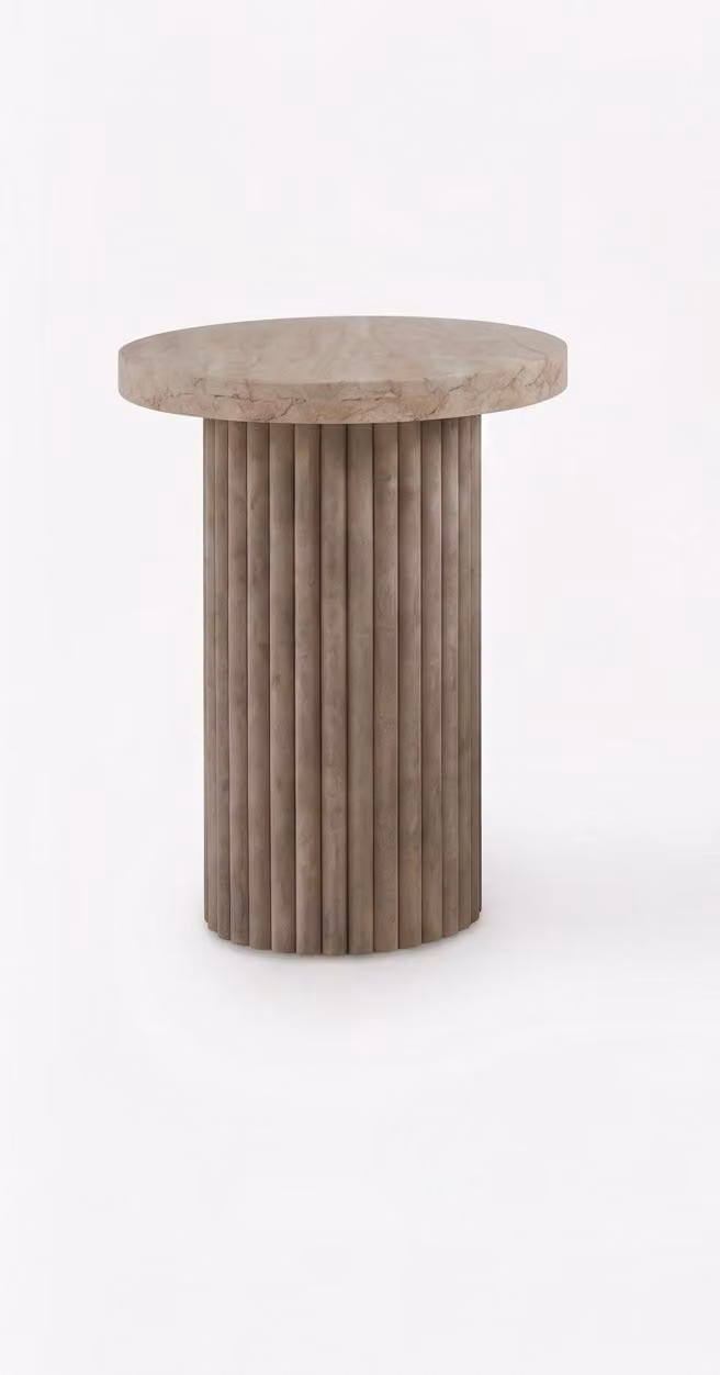 Tavolino da caffè, color grigio-beige, stile moderno, confortevole, minimalista, forma rotonda