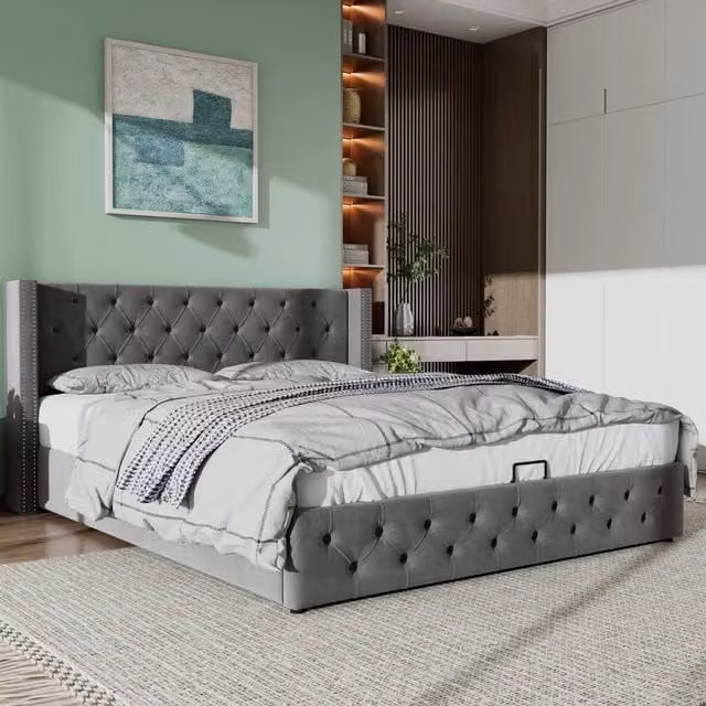 Letto matrimoniale con orecchie in velluto idraulico di 180x200cm con rivetti e cuciture a bottoni base impermeabile e colore grigio anti-sporco