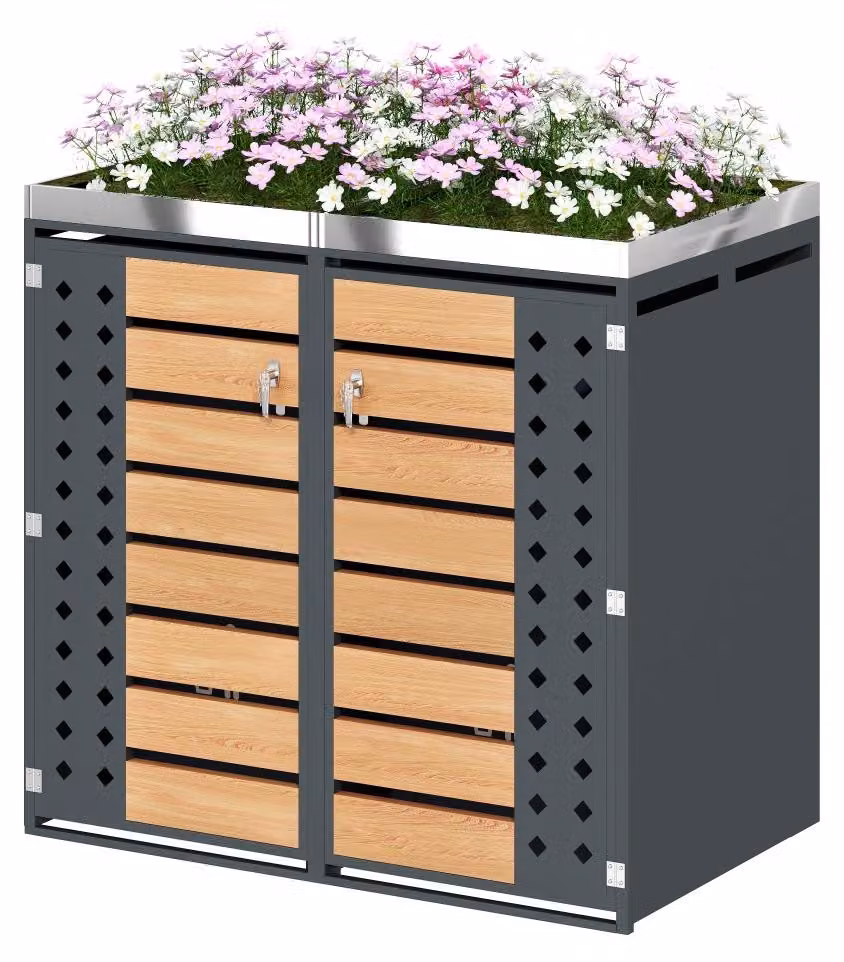 Contenitore per rifiuti da esterno, con coperchio a chiusura e vassoio integrato per piante – Realizzato in metallo e legno – Arredo da giardino moderno – Ideale per set da giardino