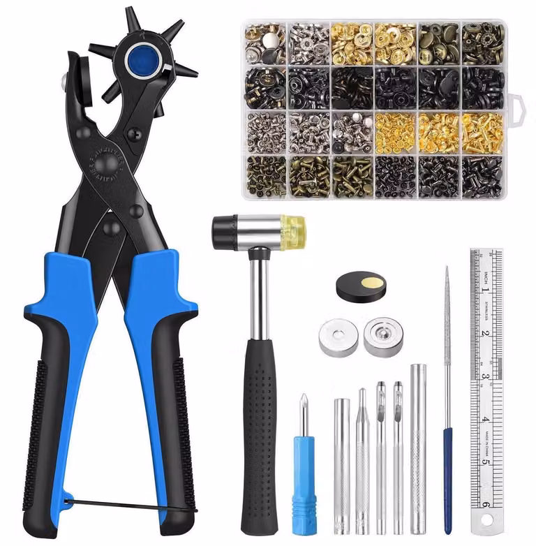 Set di utensili per foratura Lochzange, con rivetti e bottoni a pressione, colore blu