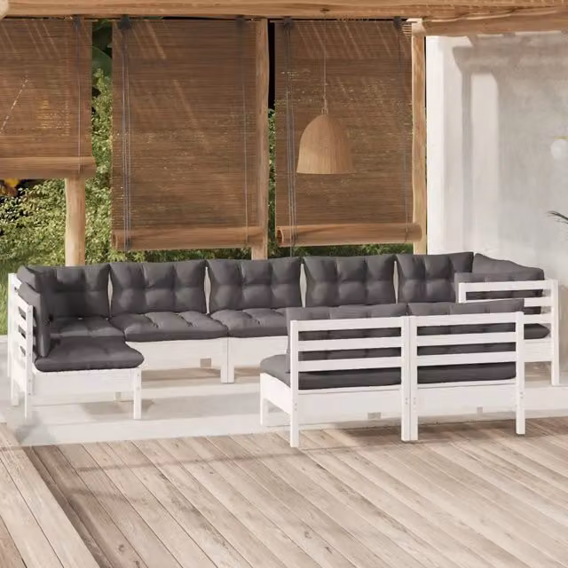 Set Divani da Giardino 9 pz con Cuscini Bianchi Legno di Pino 3096479