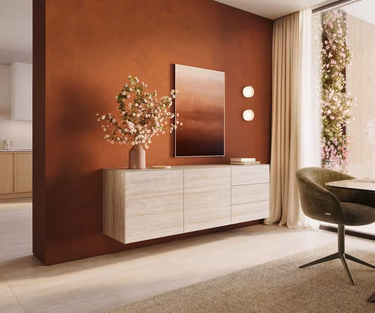 Mobile contenitore laterale DELIFE modello Cuor, 180 cm, con piano in laminato Keramik Laminam® effetto travertino, colore bianco crema, 2 ante, 3 cassetti, sospeso