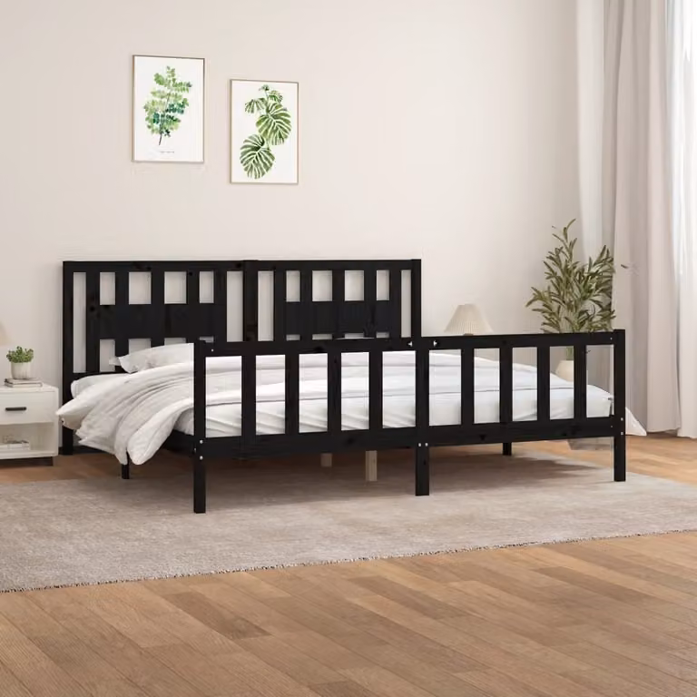 The Living Store Letto in legno massiccio con testiera in pino nero 200x200 cm