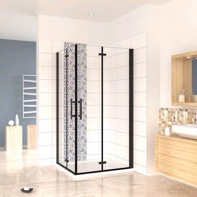 190 cm Box Doccia Angolare Doppia Porta Battente Pieghevole 70x90 cm in Vetro Temperato Trasparente 5 mm Anticalcare Telaio Nero Opaco
