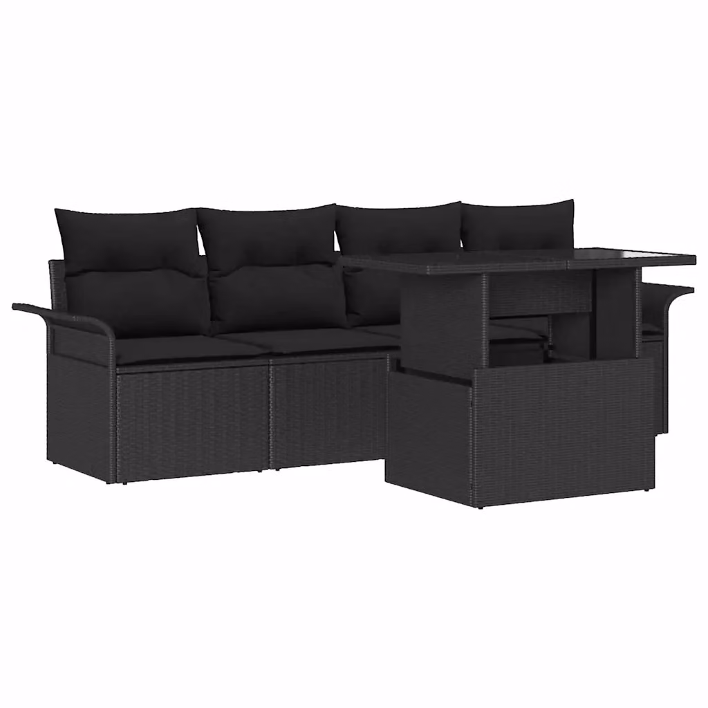 Set Divano da Giardino Moderno vidaXL in 5 Pezzi Nero con Cuscini e Tavolino in Metallo e Vetro – 2