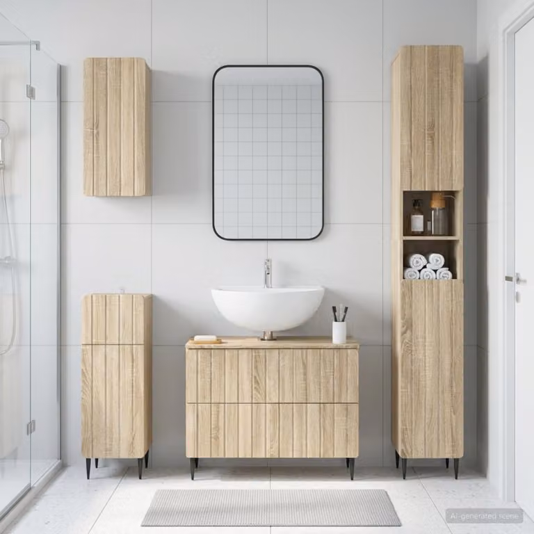 Set di mobili da bagno moderno vidaXL ZWOLLE in 4 pezzi color rovere sonoma marrone con base lavabo e pensili a muro