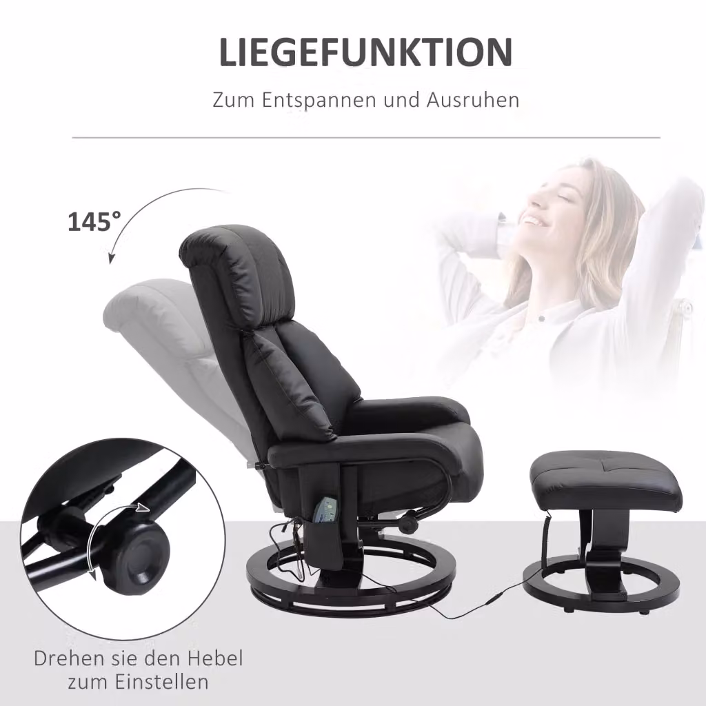 Set da 2 pezzi di poltrone TV reclinabili REDOM in ecopelle nera con pouf, L 76 cm x P 80 cm x H 102 cm – 2