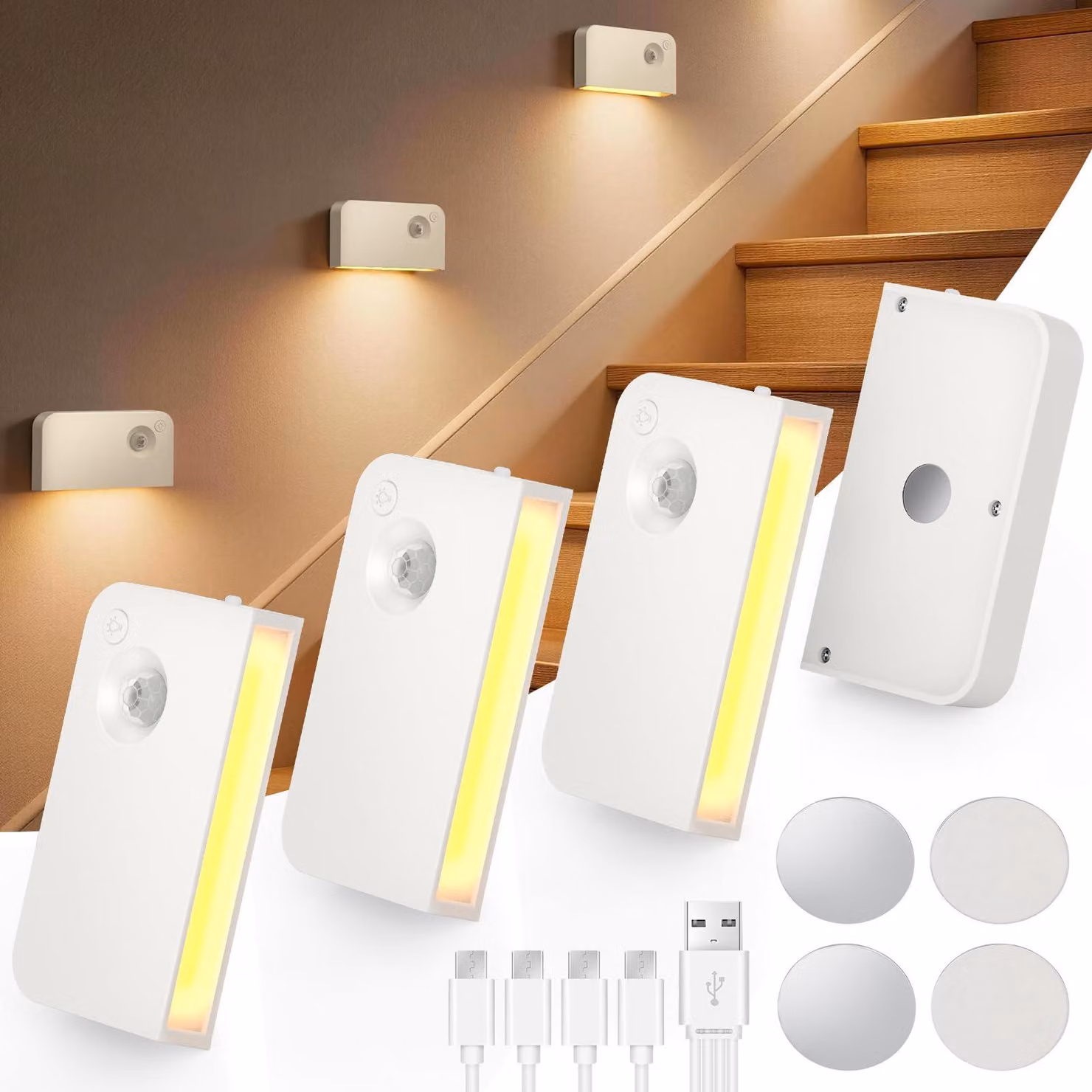 Illuminazione a LED con sensore di movimento, confezione da 4, sensori di movimento ricaricabili tramite USB, luce notturna