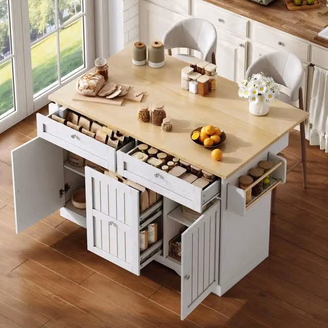 Isola cucina mobile con piano ribaltabile in MDF; bianca e naturale; con armadietto e ruote; 120 x 45-70 x 92 cm