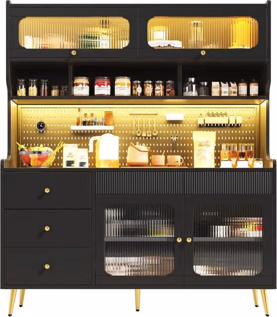 Credenza alta nera con illuminazione LED; 145 x 39 x 171 cm; cassetti; ante e ripiani in vetro per cucina e soggiorno